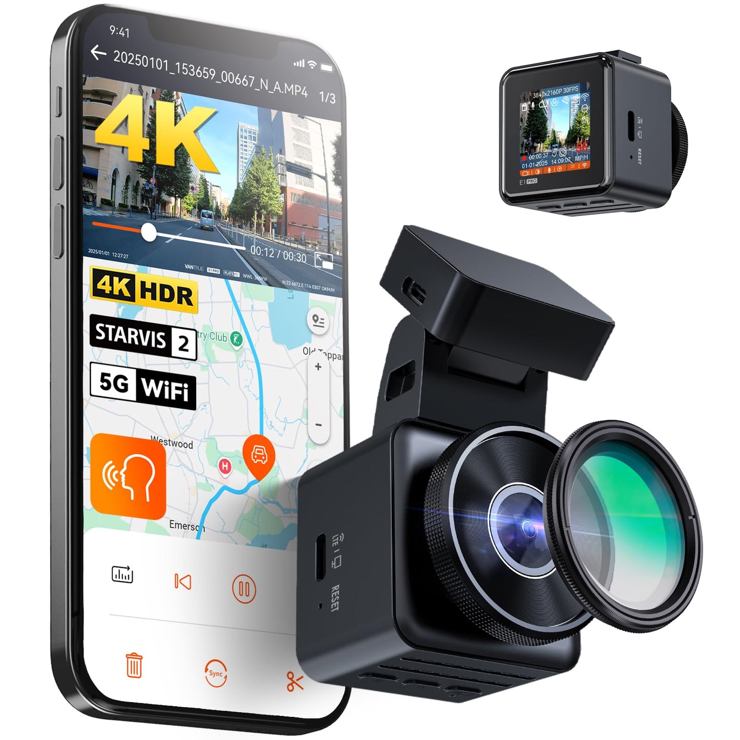 Vantrue E1 Pro 4K Mini Dash Cam Front, STARVIS 2 PlatePix HDR Night Vision