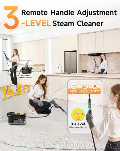 Gautye Steam Cleaner, 3 Level Adjustable Handle with 18 Accessories