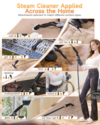 Gautye Steam Cleaner, 3 Level Adjustable Handle with 18 Accessories