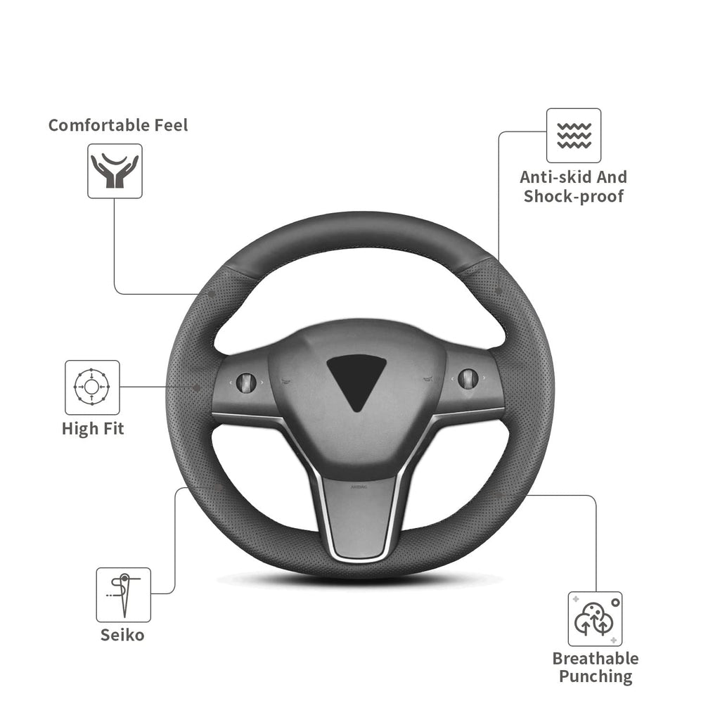 Hand Sewn Microfiber Leather Steering Wheel Cover Non-Slip Fit