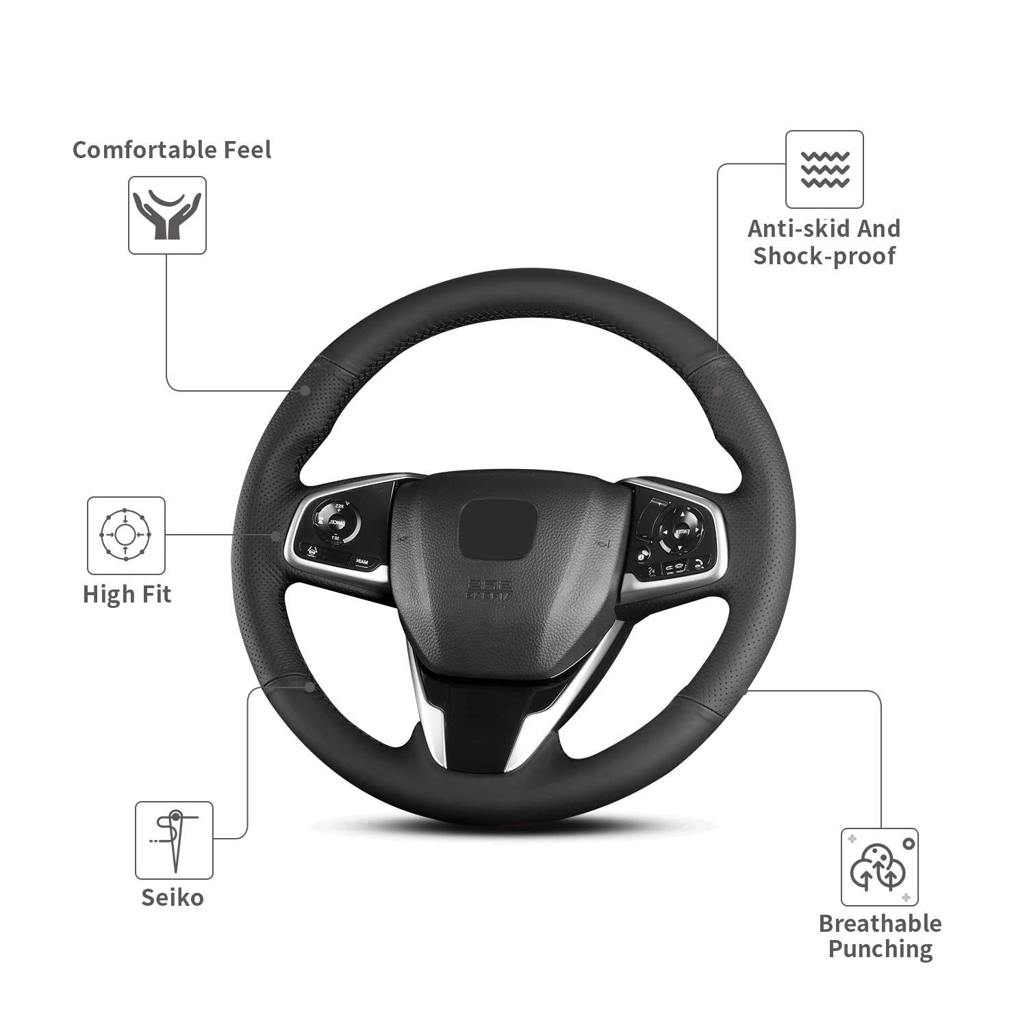 Hand Sewn Microfiber Leather Steering Wheel Cover Non-Slip Fit
