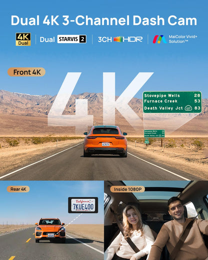 Triple Channel 4K Dash Cam with Front Rear & Interior Recording