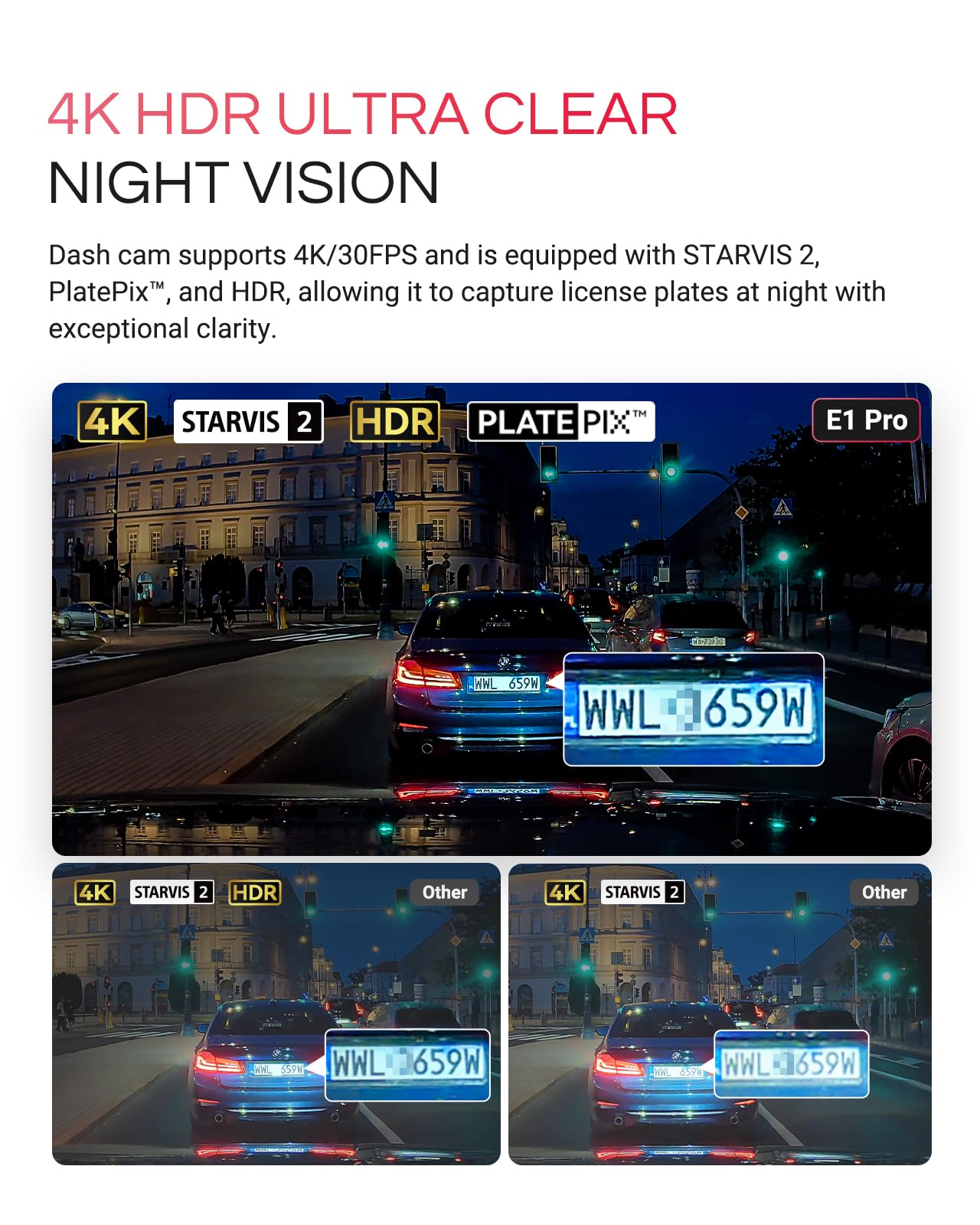 Vantrue E1 Pro 4K Mini Dash Cam Front, STARVIS 2 PlatePix HDR Night Vision