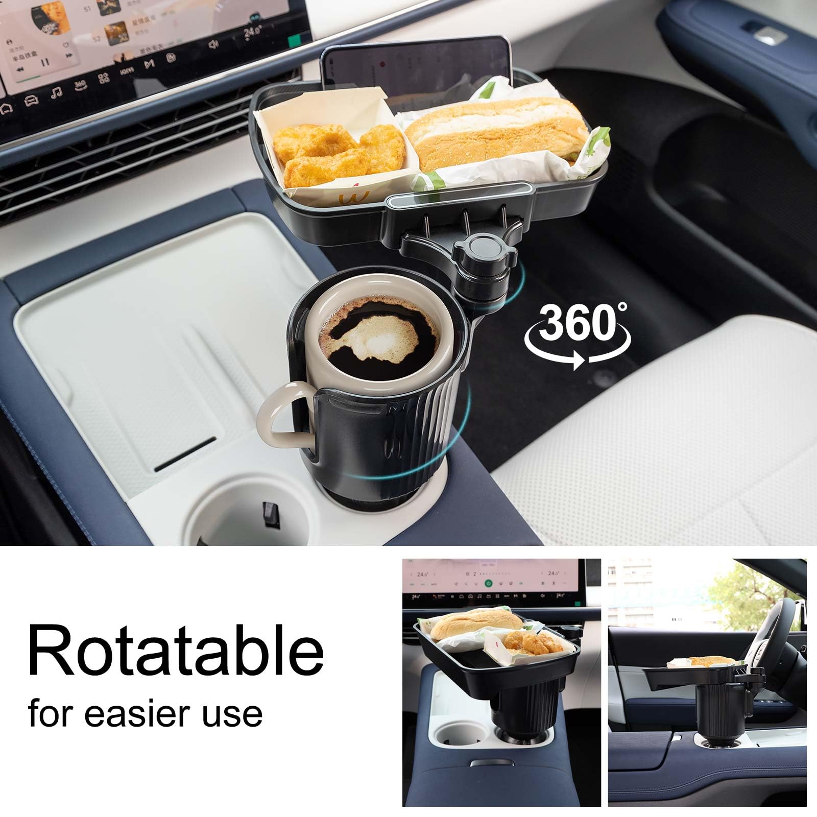Expandable Car Cup Holder with Phone Holder & Snack Tray