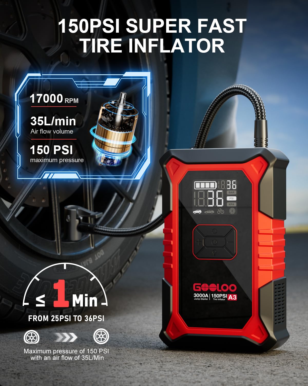 Portable Jump Starter with Air Compressor & Tire Inflator