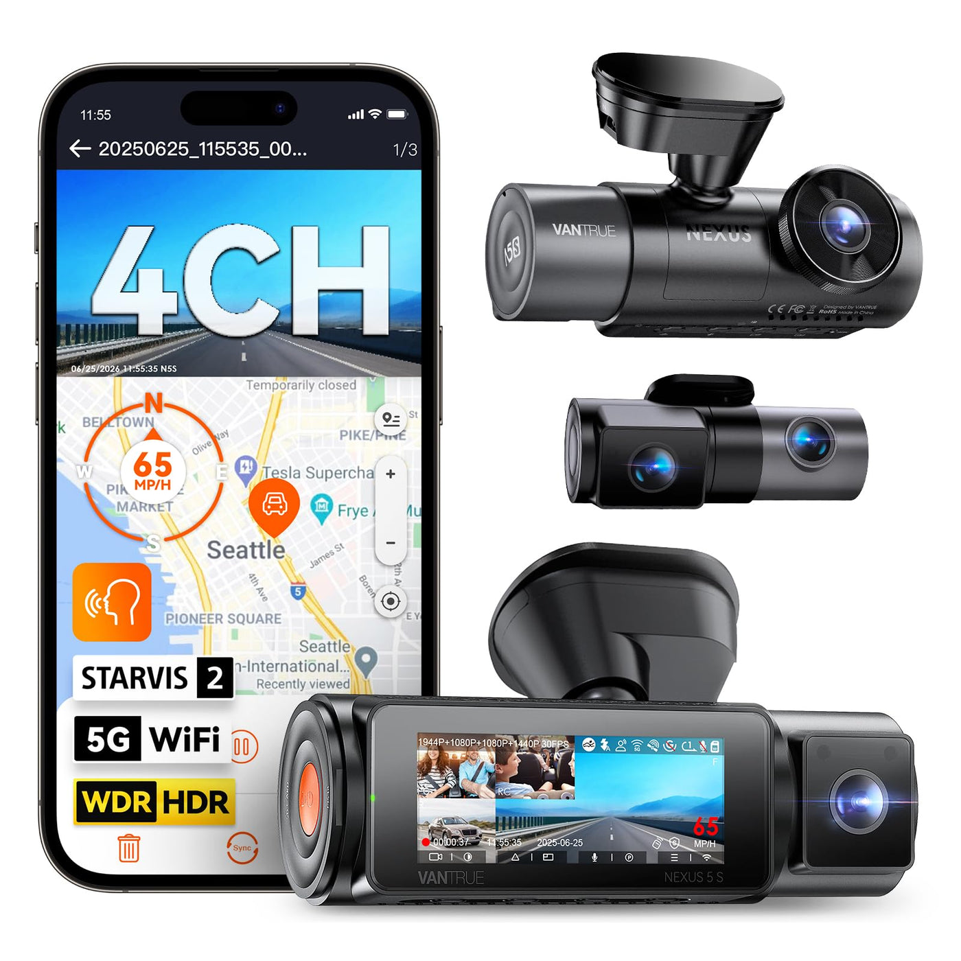 4 Channel 360° Dash Cam with Front Rear & Interior Recording
