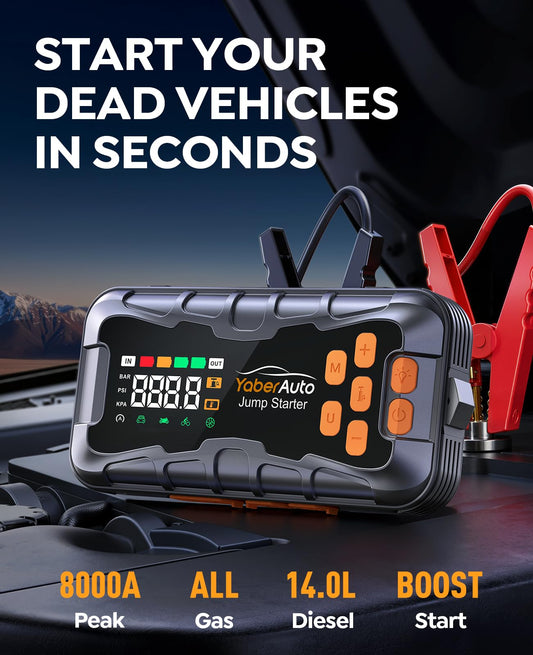 YaberAuto 16-in-1 Jump Starter with Air Compressor 8000A 160PSI, Tool Kits