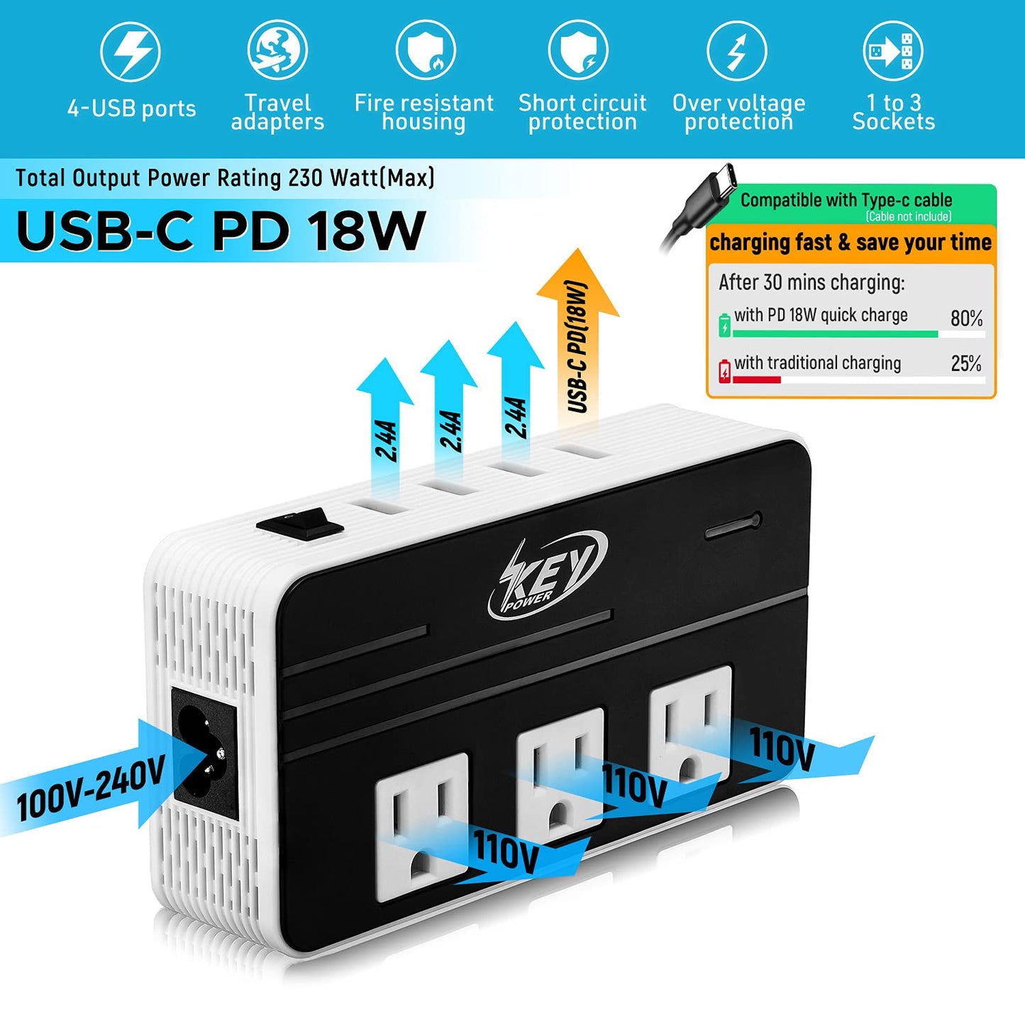 Key Power 230-Watt Step Down 220V to 110V Voltage Converter