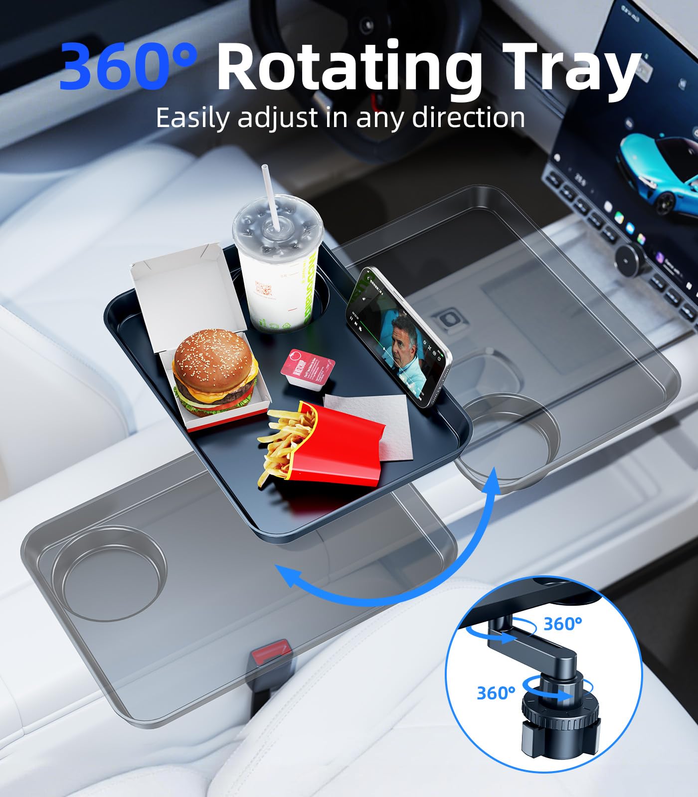 Car Cup Holder Tray with Expandable Food & Drink Organizer