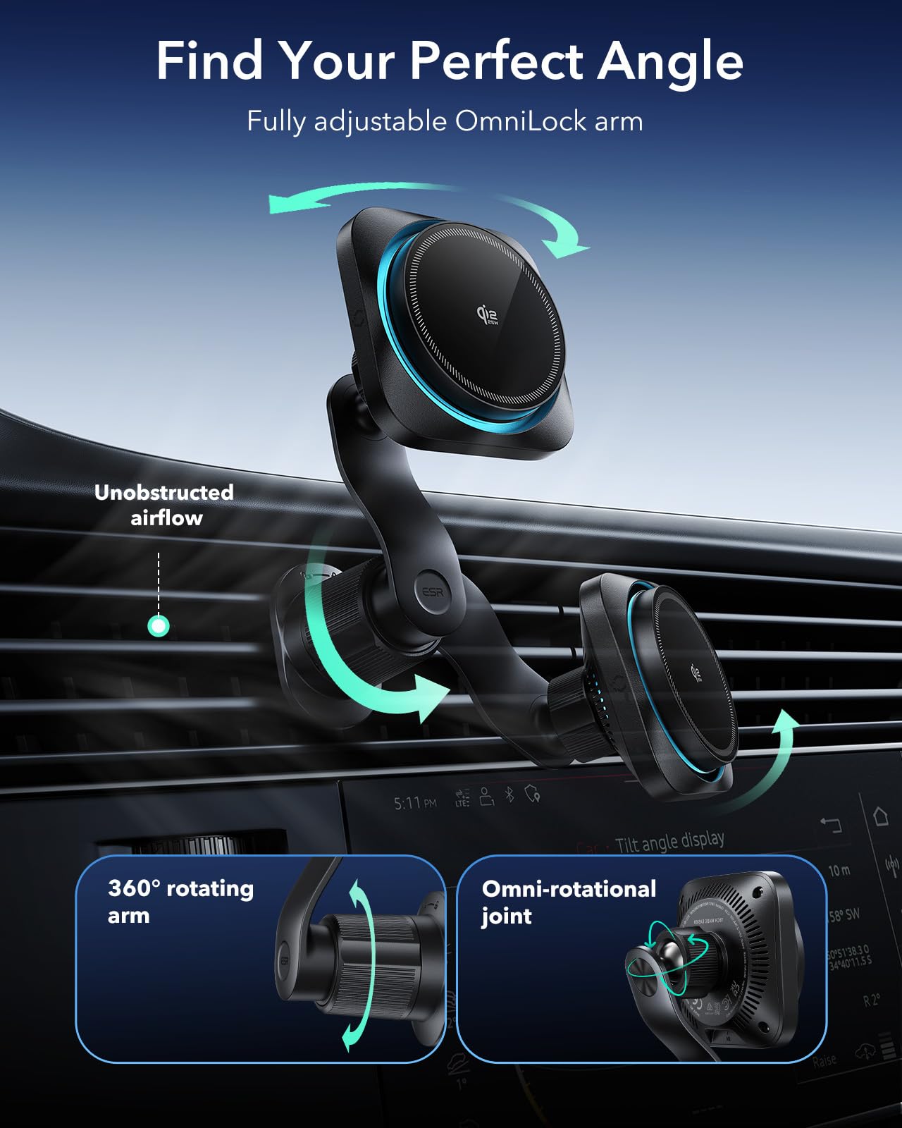 ESR OmniLock Qi2.2 25W Certified MagSafe Car Mount Charger with Cryoboost