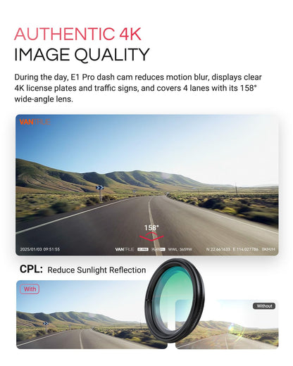 Vantrue E1 Pro 4K Mini Dash Cam Front, STARVIS 2 PlatePix HDR Night Vision