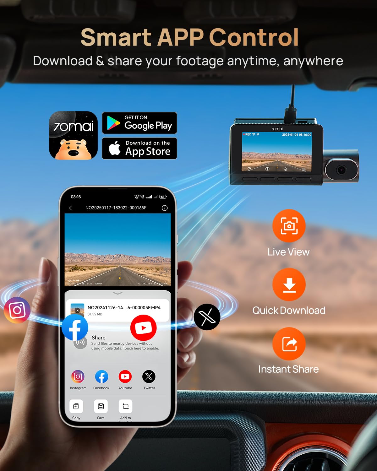 Triple Channel 4K Dash Cam with Front Rear & Interior Recording
