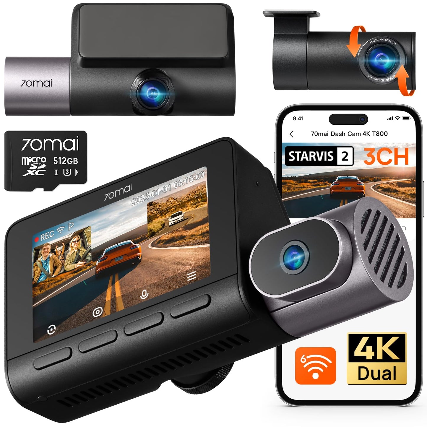 Triple Channel 4K Dash Cam with Front Rear & Interior Recording