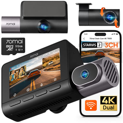 Triple Channel 4K Dash Cam with Front Rear & Interior Recording
