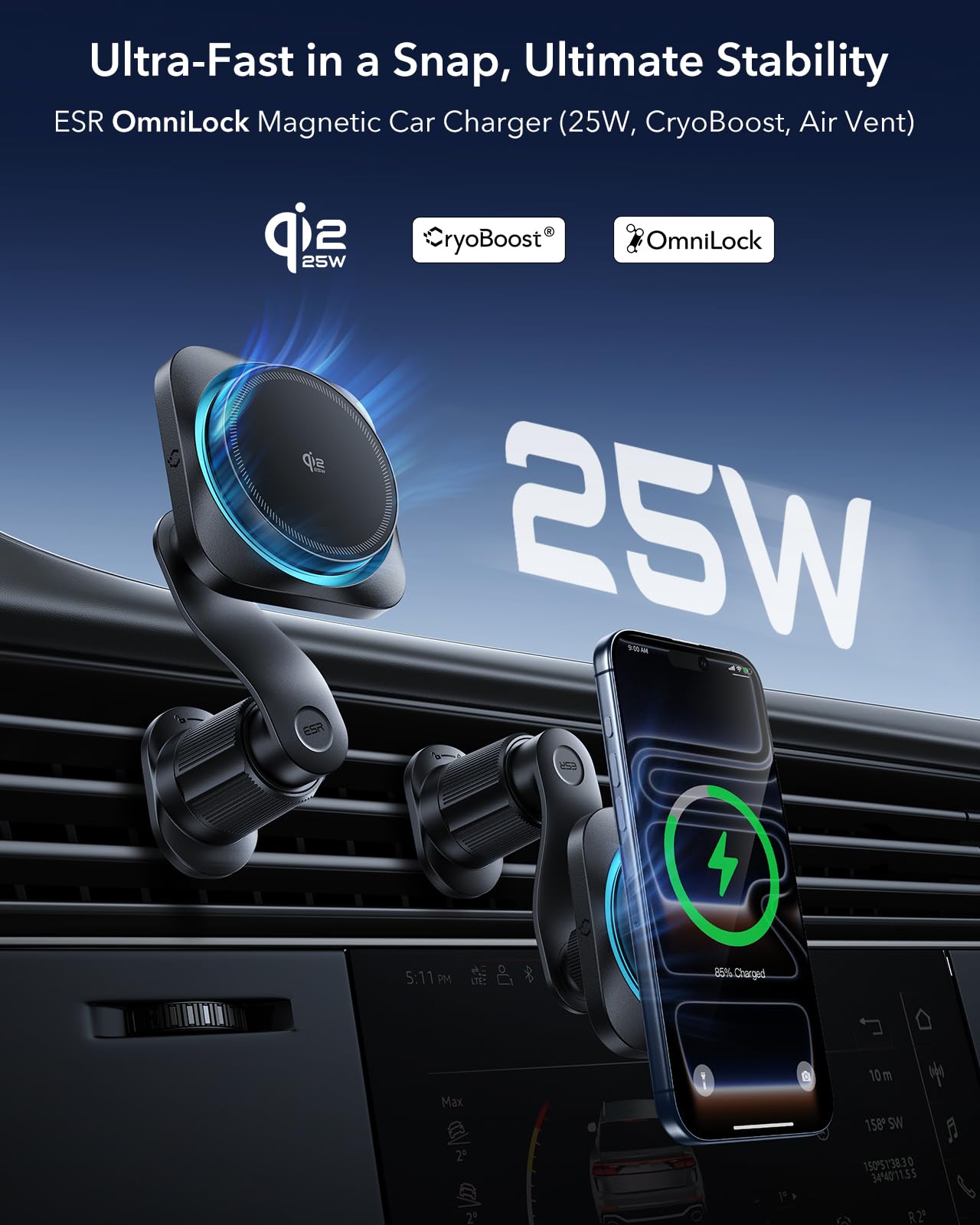 ESR OmniLock Qi2.2 25W Certified MagSafe Car Mount Charger with Cryoboost