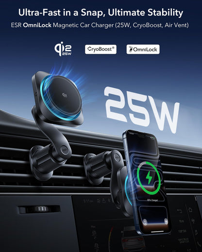 ESR OmniLock Qi2.2 25W Certified MagSafe Car Mount Charger with Cryoboost