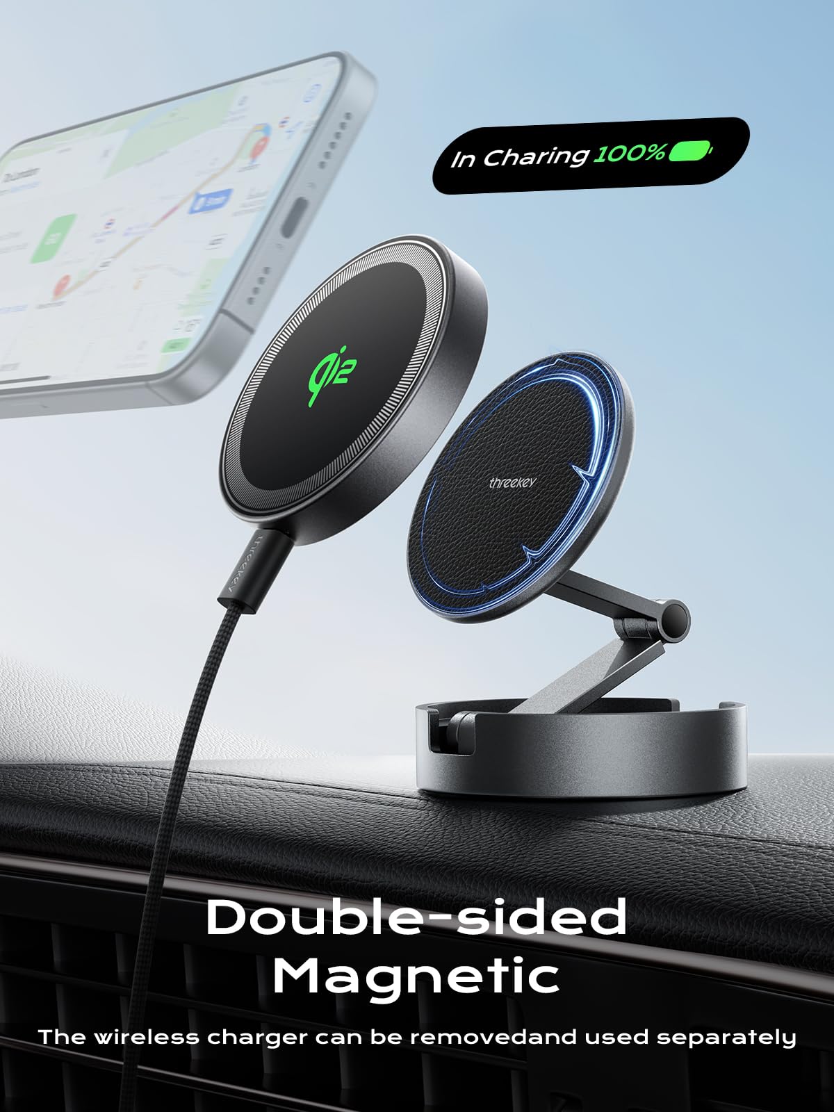 THREEKEY for Qi2 25W Certified Magnetic Car Mount Charger Lite