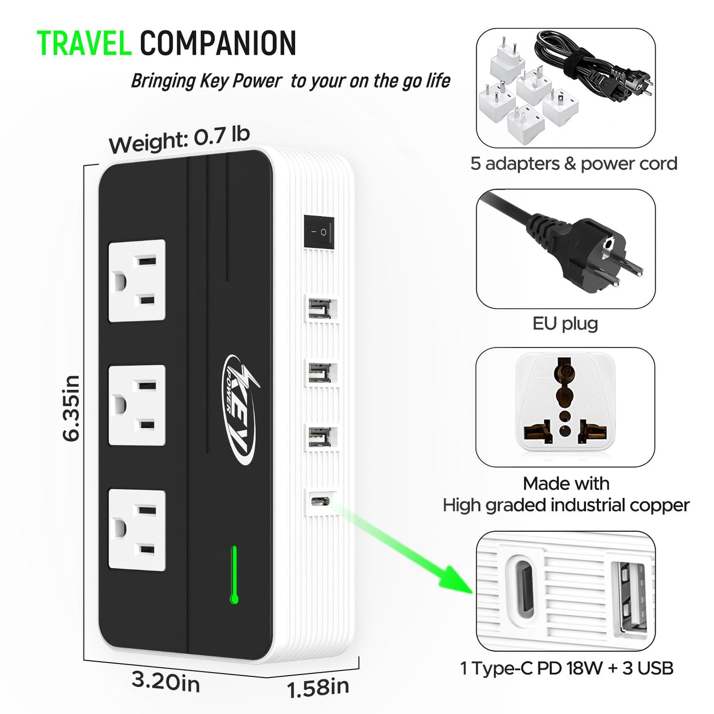 Key Power 230-Watt Step Down 220V to 110V Voltage Converter