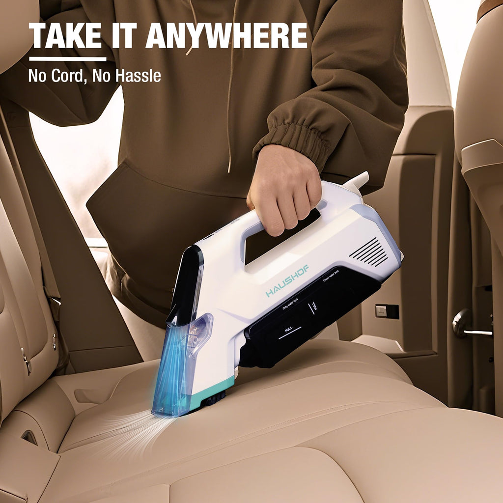 HAUSHOF 12V Cordless Handheld Carpet Cleaner, 6.5KPa Suction