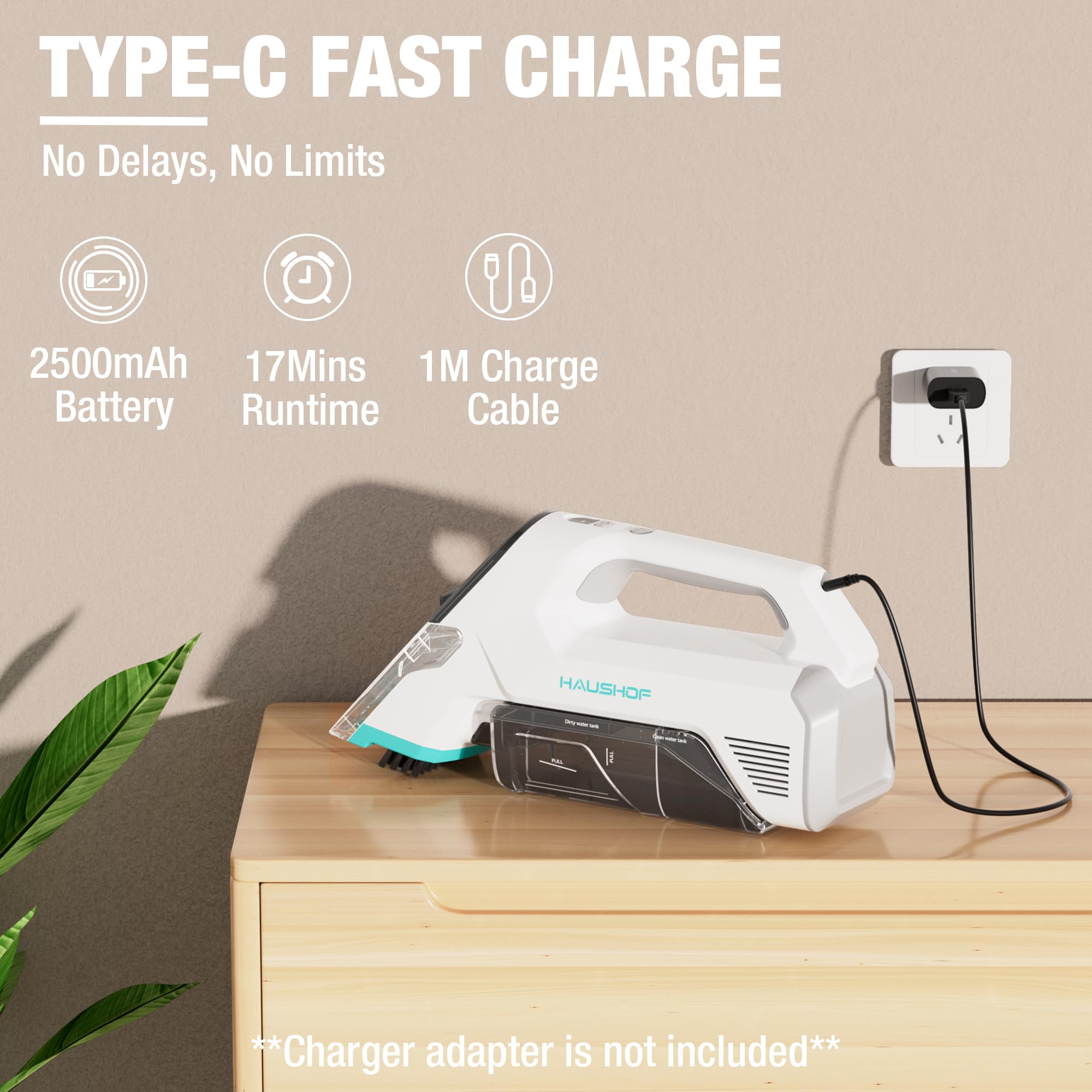 HAUSHOF 12V Cordless Handheld Carpet Cleaner, 6.5KPa Suction