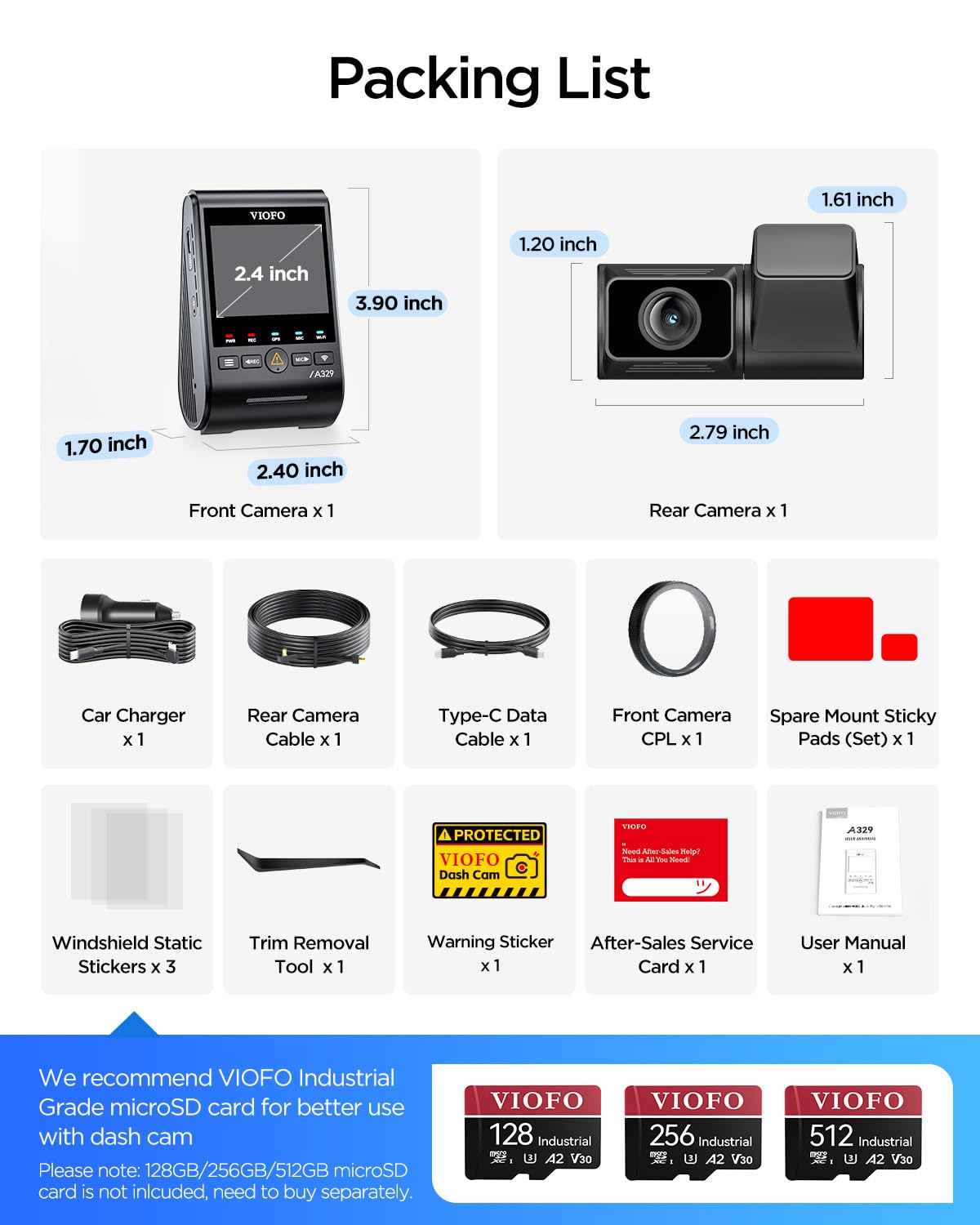 VIOFO A329S 4K 60FPS Dash Cam Front and Rear, STARVIS 2 HDR, Wi-Fi 6