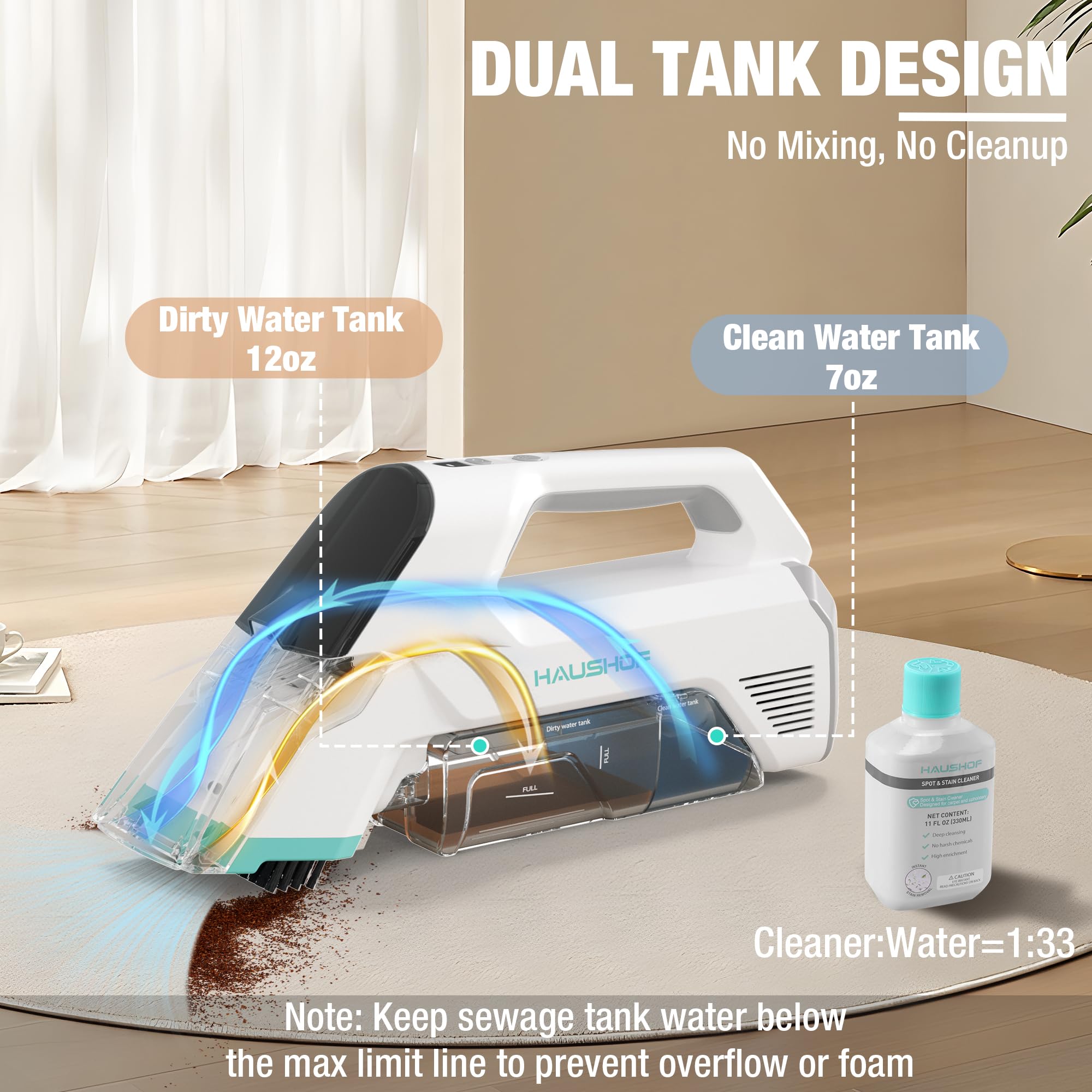 HAUSHOF 12V Cordless Handheld Carpet Cleaner, 6.5KPa Suction