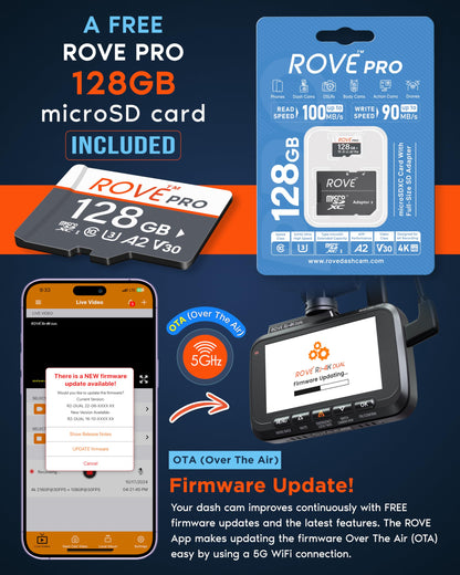 ROVE R2-4K Dual Dash Cam Front and Rear, SRTARVIS 2 Sensor, Free 128GB Card