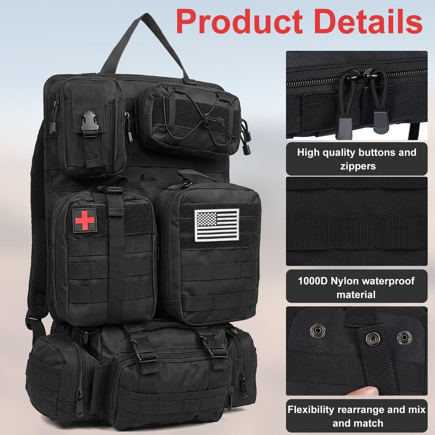 Tactical MOLLE Seat Back Organizer with Detachable Storage Pouches