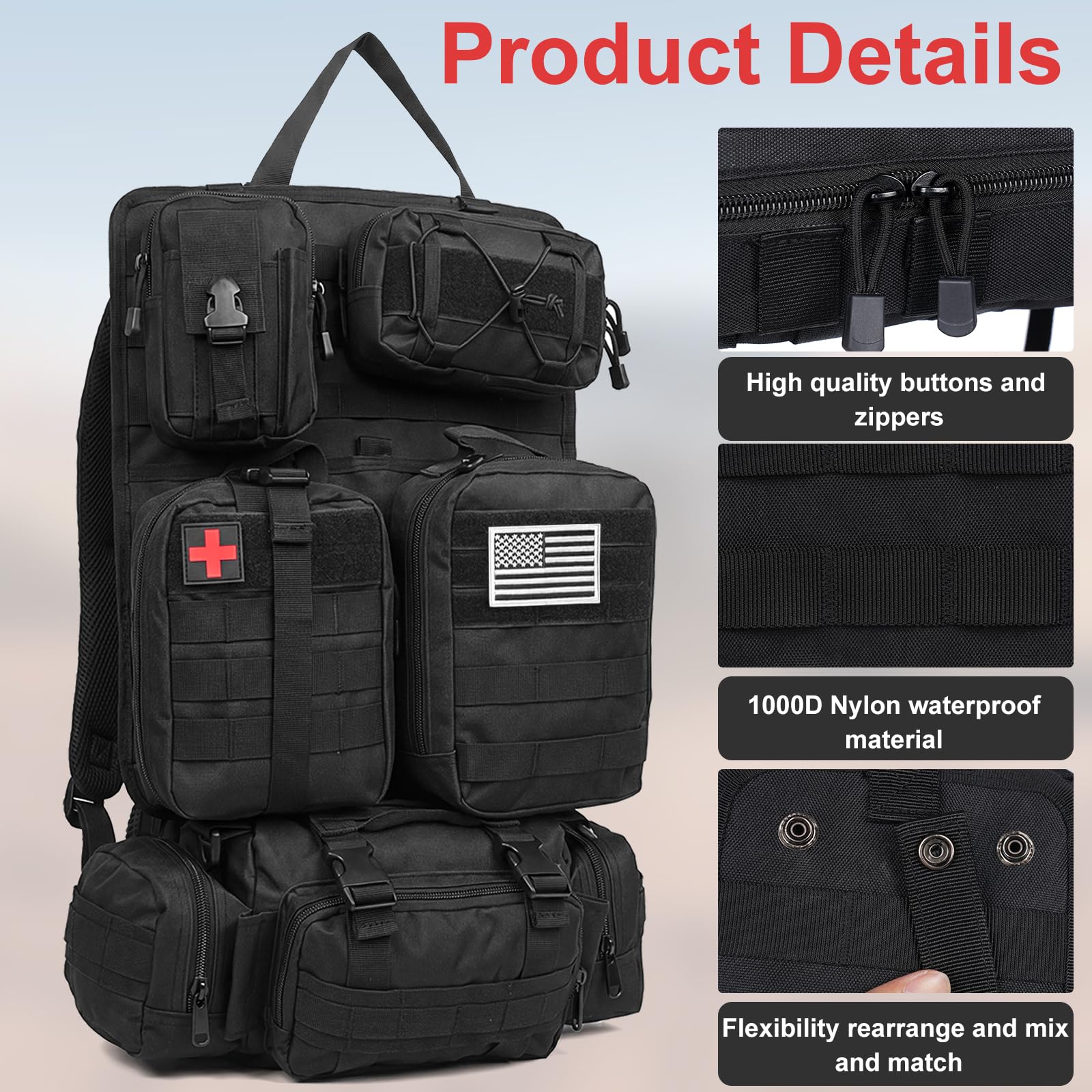 Tactical MOLLE Seat Back Organizer with Detachable Storage Pouches