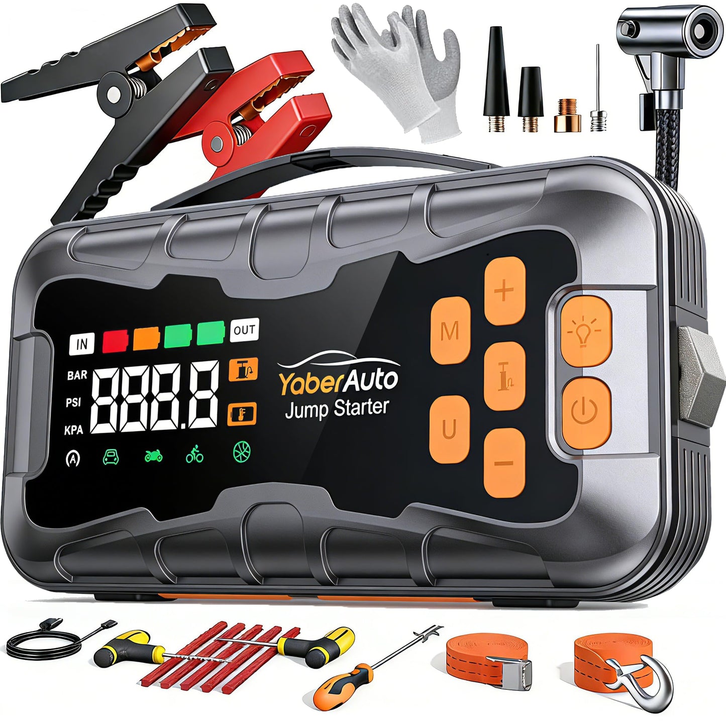 YaberAuto 16-in-1 Jump Starter with Air Compressor 8000A 160PSI, Tool Kits