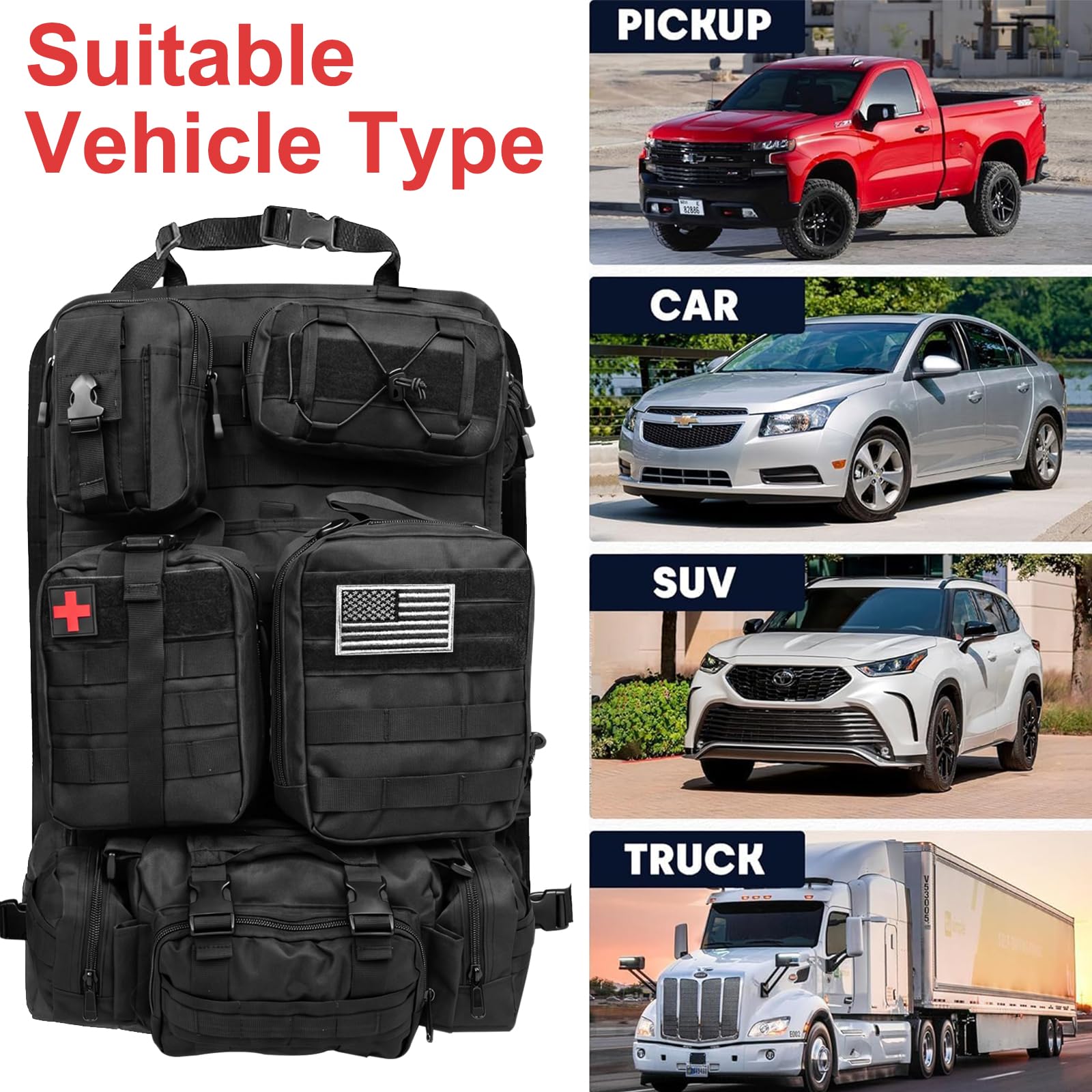 Tactical MOLLE Seat Back Organizer with Detachable Storage Pouches