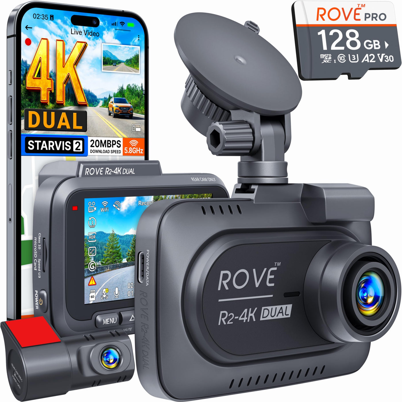 ROVE R2-4K Dual Dash Cam Front and Rear, SRTARVIS 2 Sensor, Free 128GB Card