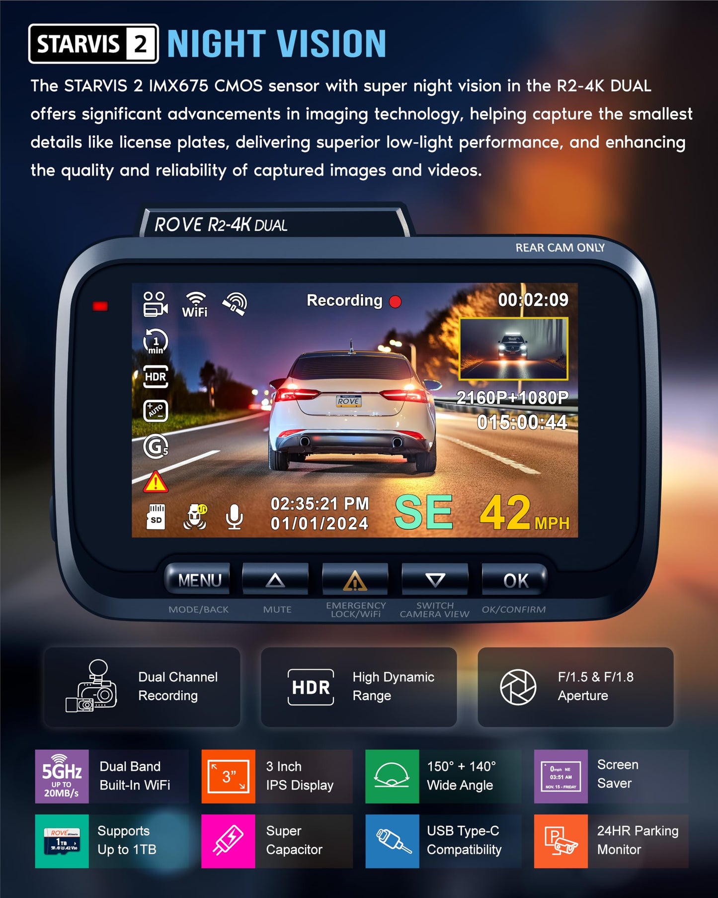 ROVE R2-4K Dual Dash Cam Front and Rear, SRTARVIS 2 Sensor, Free 128GB Card